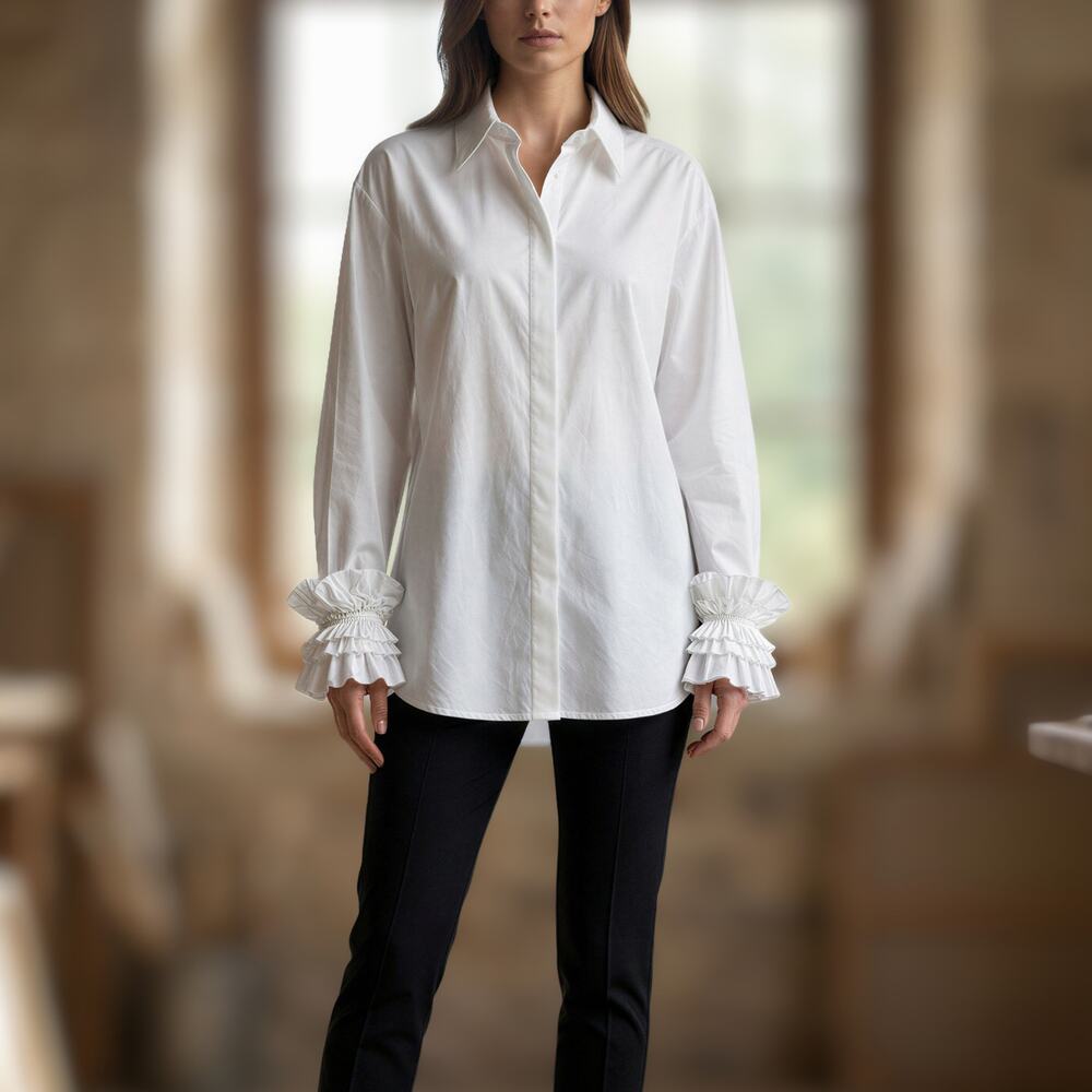 Ashley Stewart Ruffle Cuff Button Up Shirt Women 2XL White Pirate Ren Faire Goth